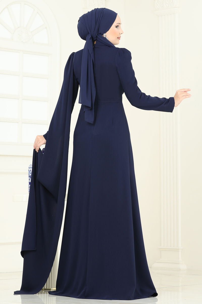Abaya Draped Beaded Navy Modest Evening Gown
