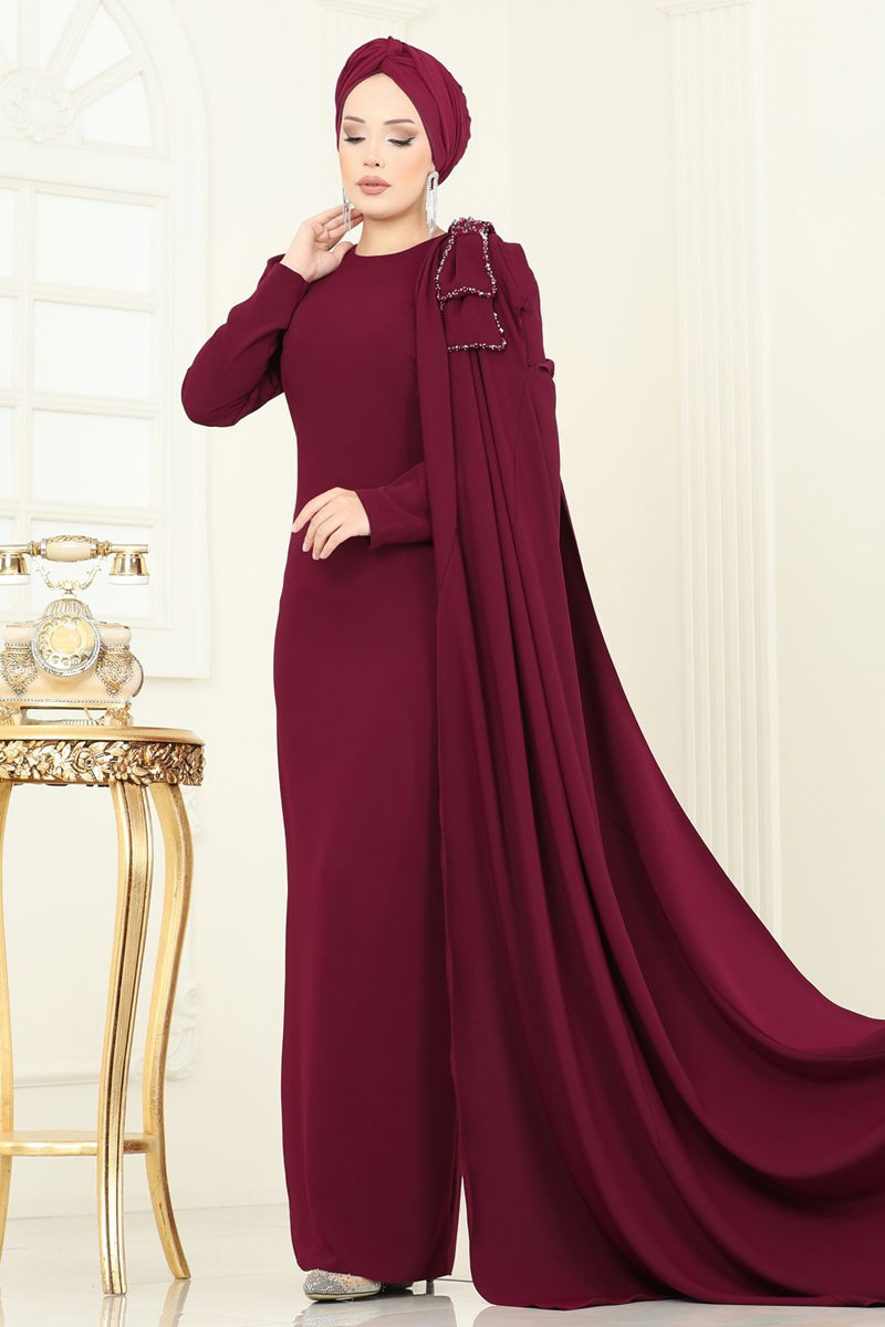 Abaya Belted Stylish Evening Dress - Burgundy