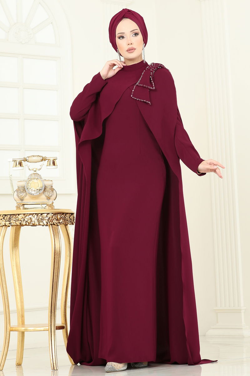 Abaya Belted Stylish Evening Dress - Burgundy