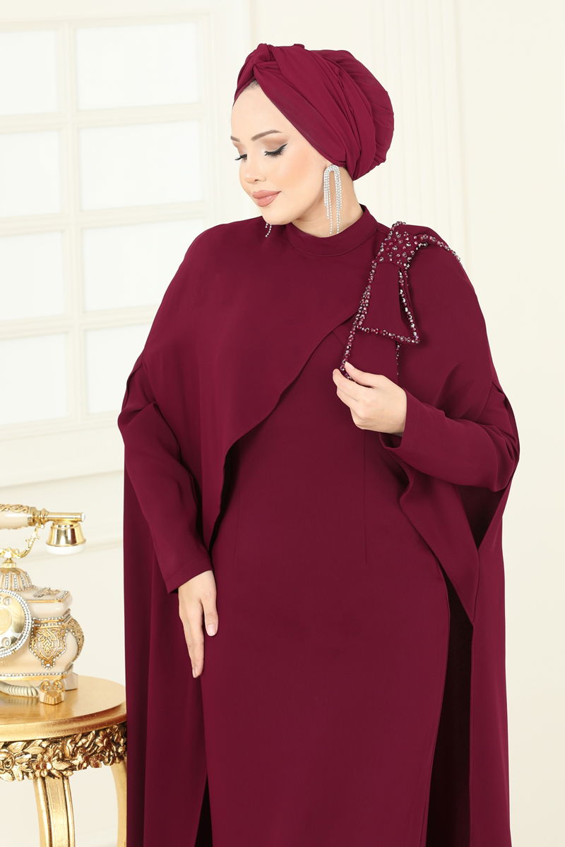 Abaya Belted Stylish Evening Dress - Burgundy
