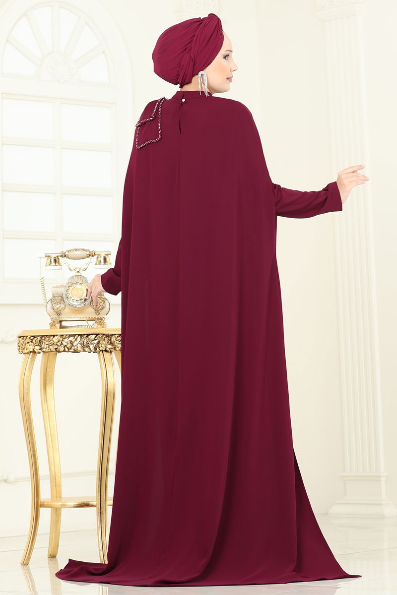Abaya Belted Stylish Evening Dress - Burgundy